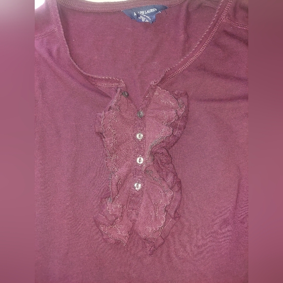 Ralph Lauren Ruffled Burgundy Long Sleeve Top - Picture 2 of 5